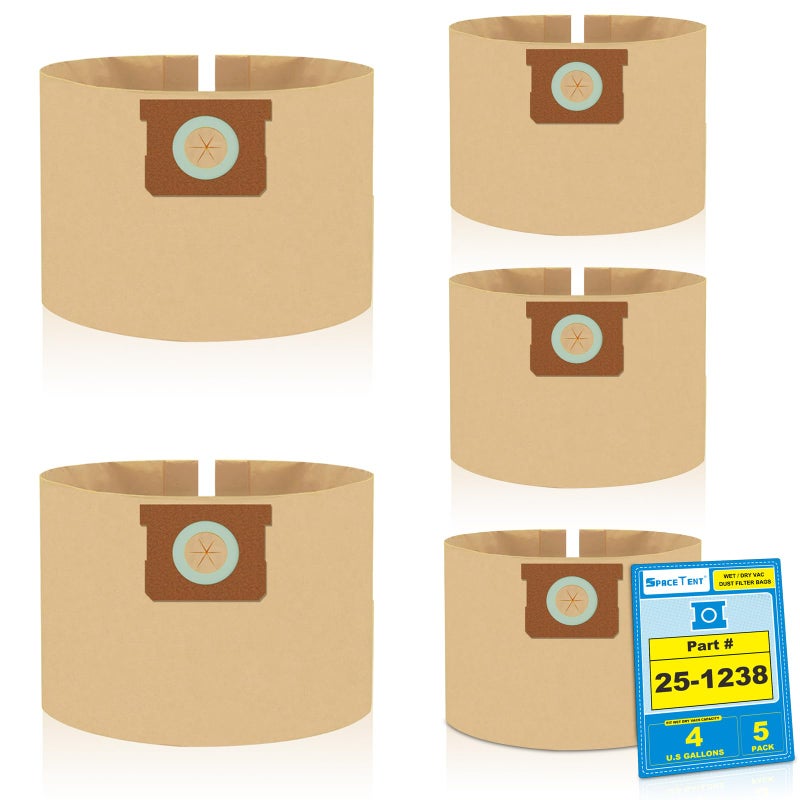SpaceTent 5 Pack Replacement Shop Vac Filter Bags 25-1238 for Stanley and Porter-Cable 4 Gallon Wet Dry Vacuums PCX18301-4B SL18301-3B, Part# AT25-1238 - Image 1
